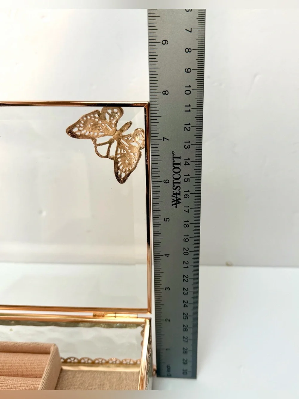 Rose Gold Glass Jewelry Box Butterfly Floral Design Ring Organizer Display Case